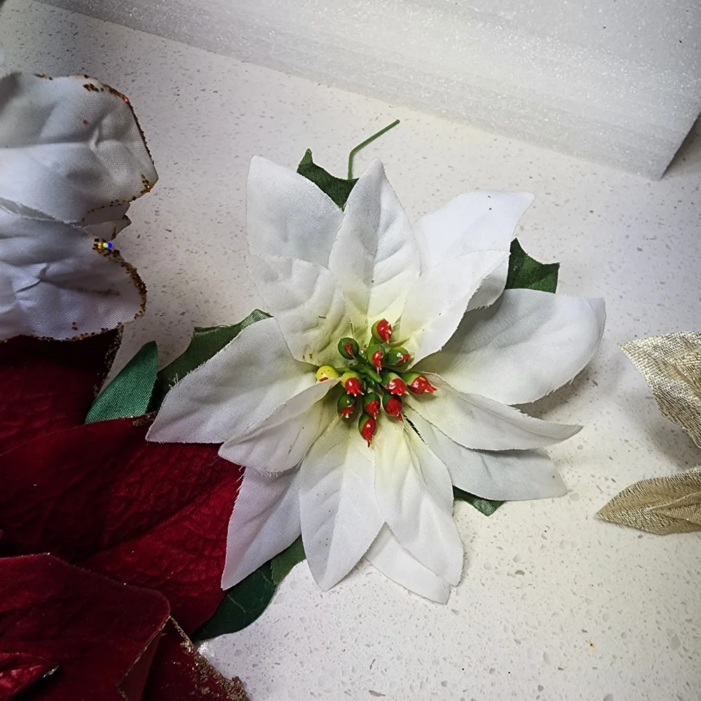 Vintage Lot Of 5 Red, White, and Gold Poinsettia Arrangement With Stems